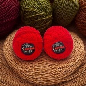 AARLAN Cotoflam 100% Cotton Yarn Red Vintage Knitting Crochet Skein New Set of 2